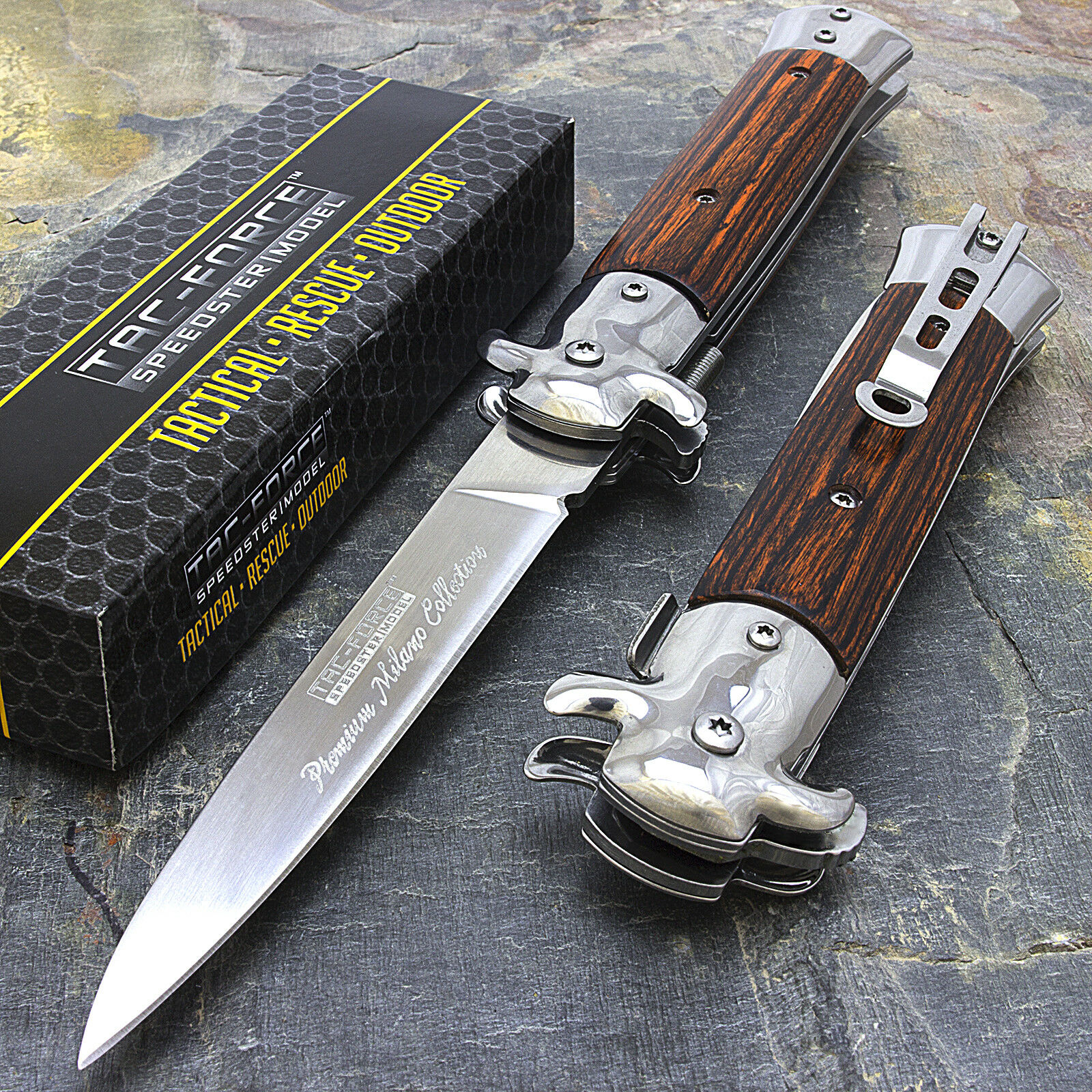 9" Stiletto Tac Force Milano Tactical Wood Spring Assisted Folding Knife Pocket